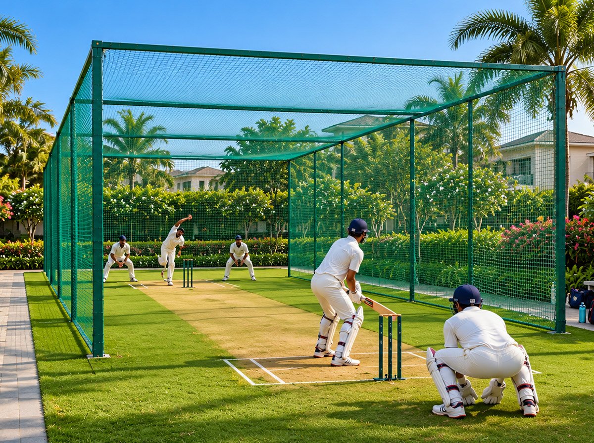 Professional cricket practice net pitch at Nischitha Hillora Manor