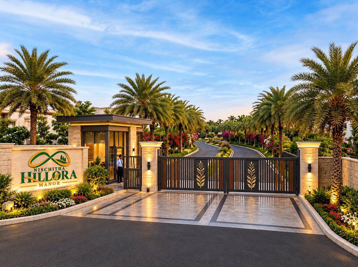 Grand architectural entrance archway with 24/7 security cabin and boom barriers at Hillora Manor