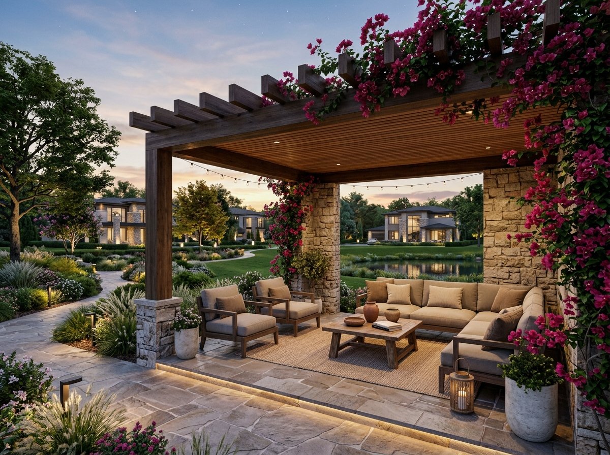 Luxury wooden and stone gazebo pavilion in garden at Hillora Manor