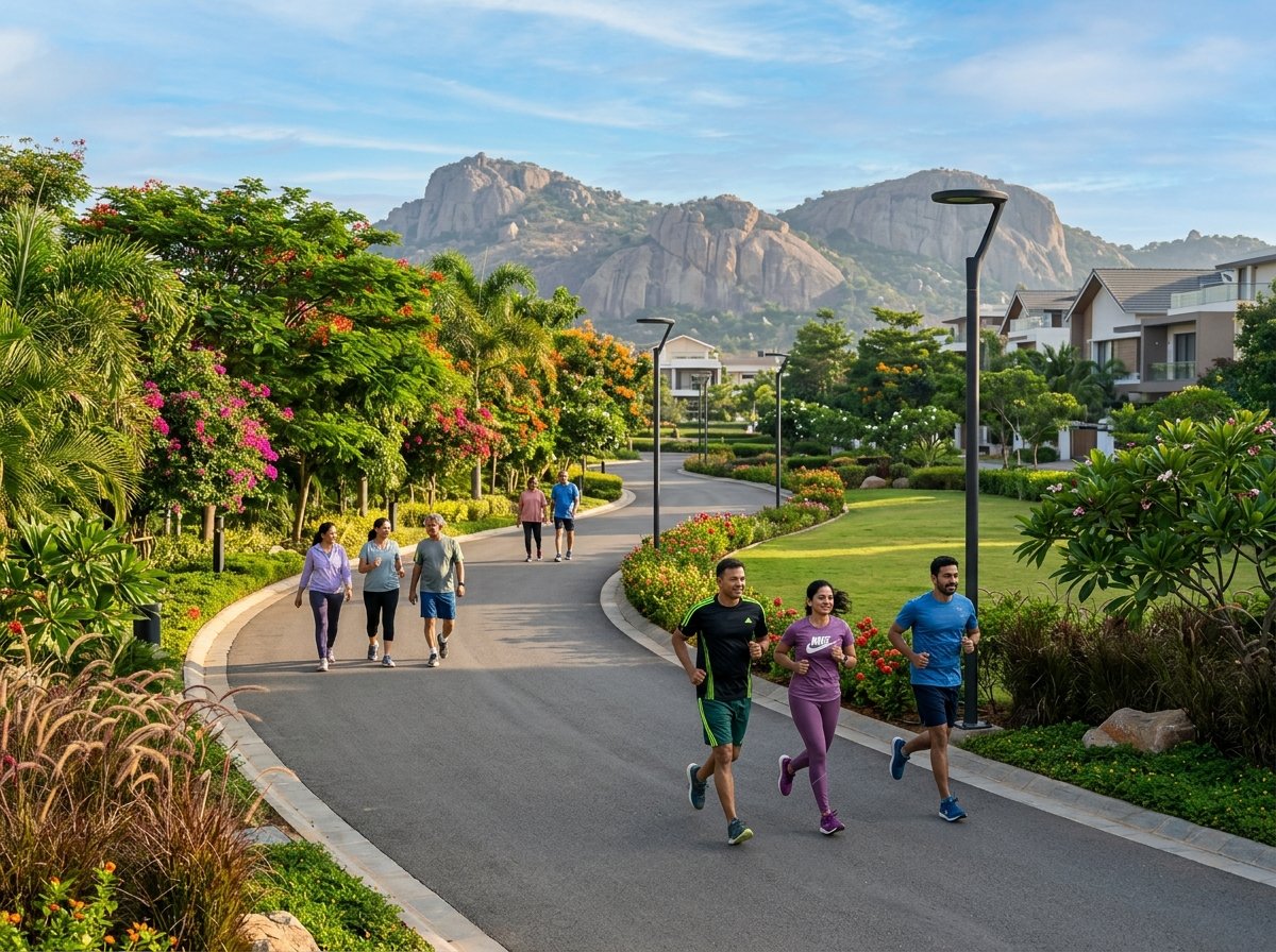 Scenic paved jogging and walking track at Nischitha Hillora Manor