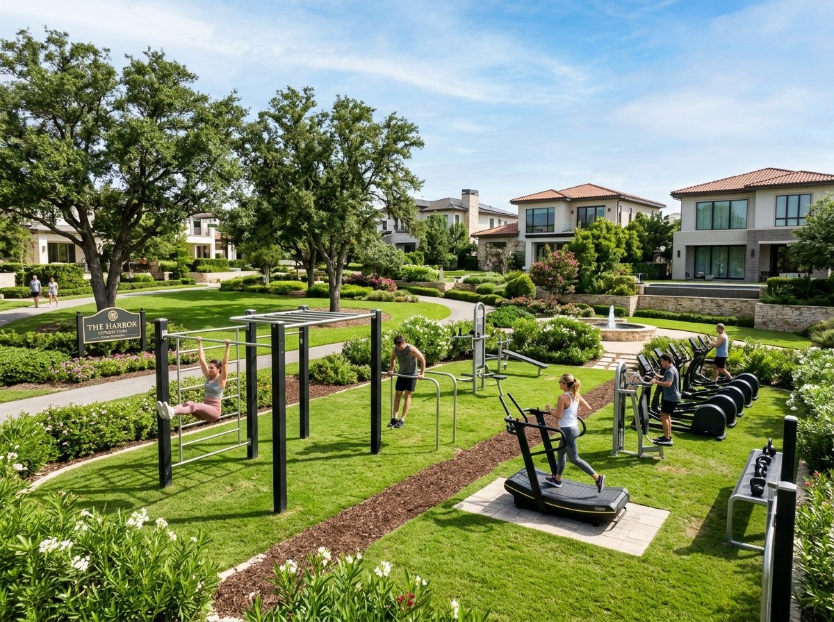 Modern open-air fitness gym in green park at Nischitha Hillora Manor