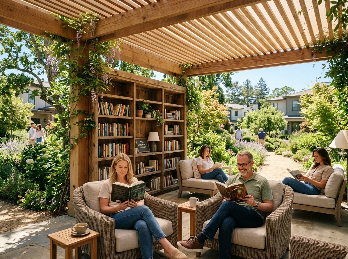 Shaded community open library and reading pergola at Hillora Manor
